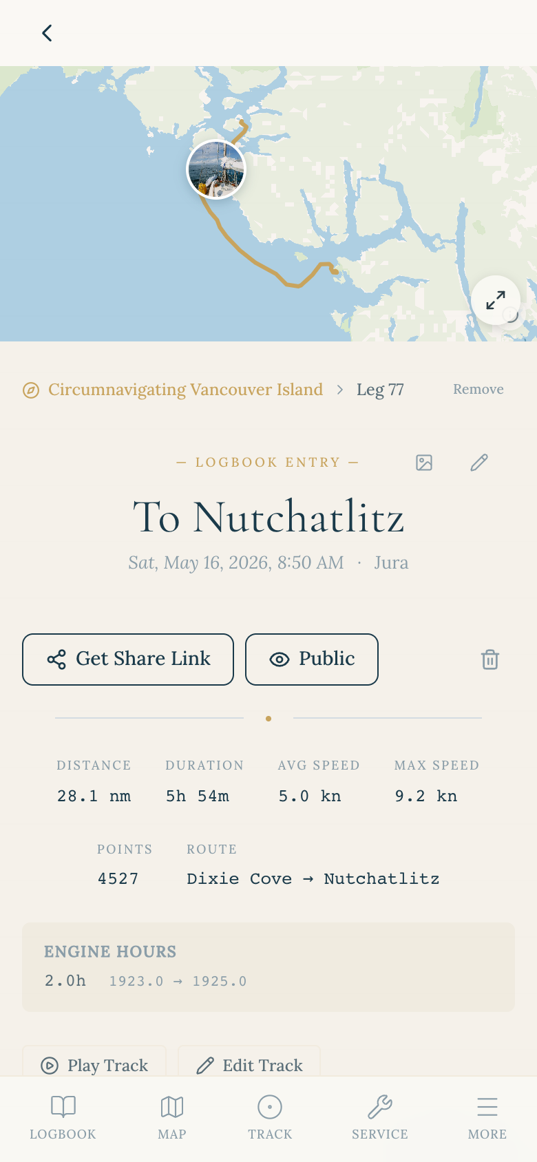 A real passage, To Nuchatlitz: gold track on a nautical chart with a photo pinned at its capture point, distance, duration, speeds and engine hours
